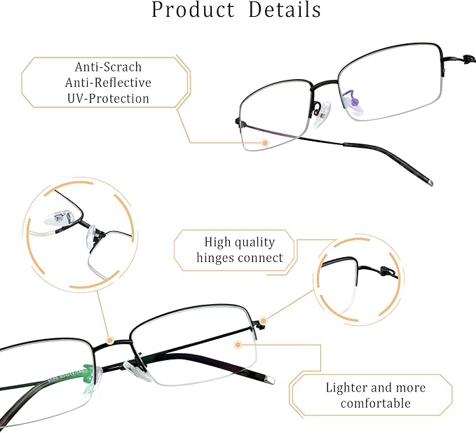 LifeArt Alloy Semi-Rimless Reading Glasses,Blue Light Blocking Glasses, Anti Eyestrain, Computer Gaming Glasses, TV Glasses for Men, Anti Glare (Black, +2.00 Magnification)