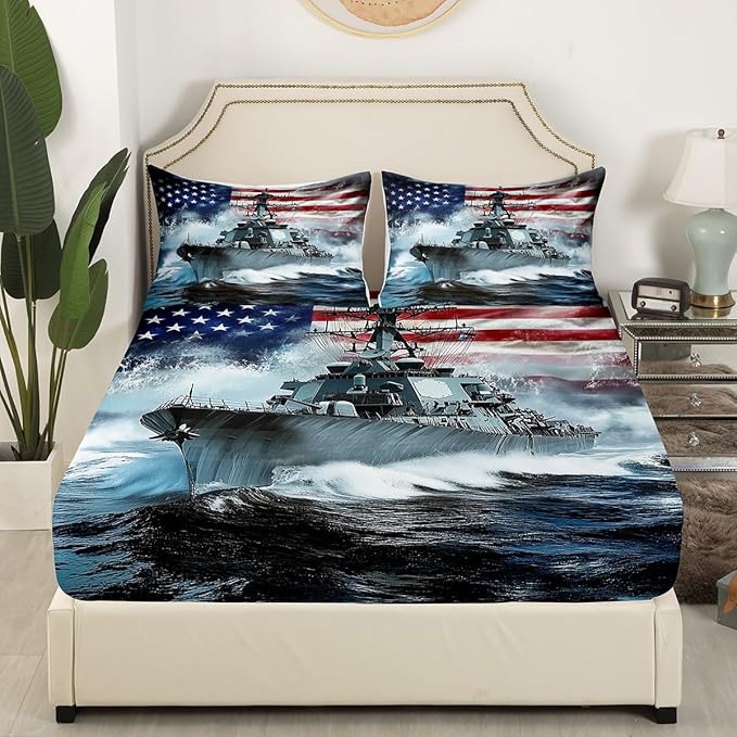 3D Warship Kids Fitted Sheet Queen Size,Navy Army Combat Ship Ocean Waves Bedding Set,Boys Men Room Decor,American Flag Geometric Stripes Bed Cover,Blue Grey Bed Sheet,2 Pillowcases(No Top Sheet)