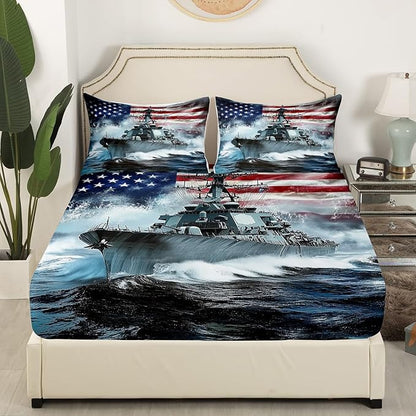 3D Warship Kids Fitted Sheet Twin Size,Navy Army Combat Ship Ocean Waves Bedding Set,Boys Men Room Decor,American Flag Geometric Stripes Bed Cover,Blue Grey Bed Sheet,1 Pillowcase(No Top Sheet)