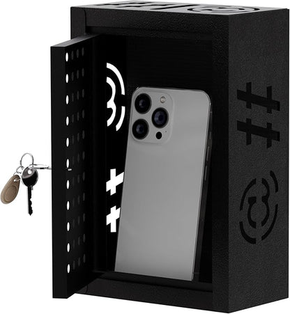 OSKIE Phone Downtime Box - Lockable Smartphone Storage for Home & Office, Key Lock Secure Metal Organize, Wall Mountable, 8.25” x 5.5” x 2.5” (Black)