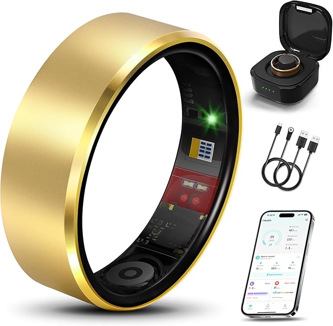 Smart Health Ring 2.0 for Women Men, Slim Scratch & Fingerprint Resistant Design,Efficient Chip Fitness Tracker, Monitors Heart, Blood Oxygen & Pressure, Sleep, Steps, Waterproof, Gold 14