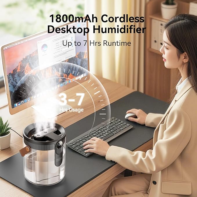 Rechargeable Portable Top Fill Humidifier, Smart Humidifiers for Bedroom, Night Light, 1.4L Cool Mist Humidifier for Office Home Plant Baby, 3-Speed Mist Control, Quiet, Auto Shut-Off (Grey)