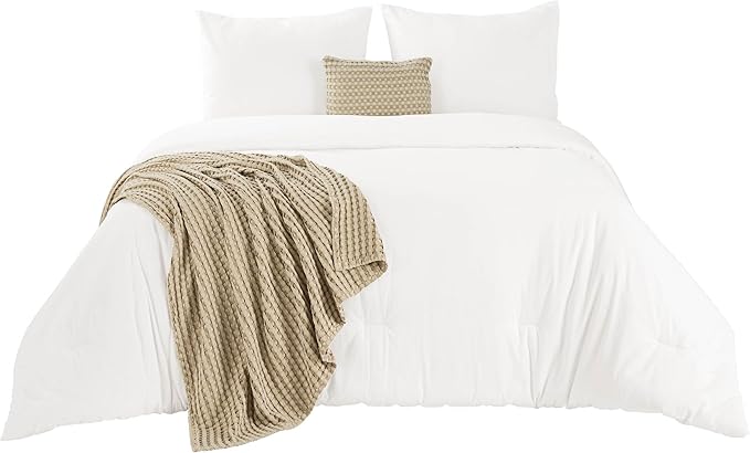 Bedsure 5 Pieces Cotton Comforter Set with Cotton Waffle Throw Blanket - White Comforter Full Size, Pillow Shams, Taupe Cooling Blanket of Rayon Derived from Bamboo for Hot Sleepers, Throw Pillow