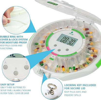 JULOS 28-Day Automatic Pill Dispenser with Audio & Visual Alerts for Elderly, up to 6 Alarms/Day, Easy-Read LCD Display, 9 Dosage Templates, Lock Medicine Dispenser for Medication, Vitamins, Clear Lid