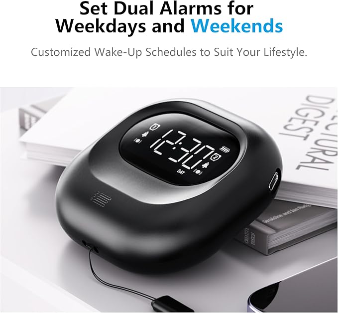 Mesqool Vibrating Alarm Clock for Heavy Sleepers, Battery Operated Rechargeable Bed Shaker Under Pillow, Weekday/Weekend Dual Alarms, Wireless, Cordless, Travel Digital Clock