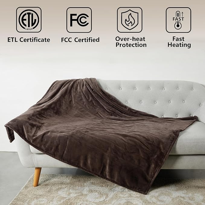 Tefici Electric Heated Blanket Throw, Super Cozy Soft 2-Layer Flannel 50" x 60" Heated Throw with 3 Heating Levels & 4 Hours Auto Off, Machine Washable, ETL&FCC Certified, Home Office Use,Brown