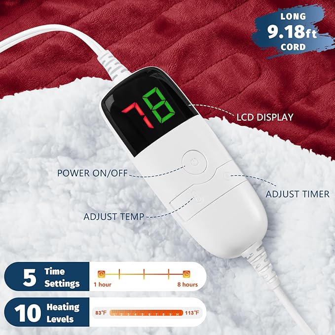 BOMOVA Heated Electric Blanket Twin - 62" x 84" Heating Blanket with 10 Heating Levels & 8 Hours Auto Off, Warm Flannel Blanket, Christmas Birthday Gifts for Women