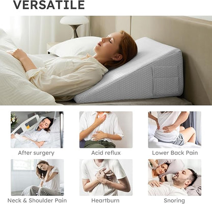 Bedluxe Wedge Pillow, 12 inch Bed Wedge Pillow for Headboard, Pillow Wedge for Acid Reflux Relief, Sleeping, After Surgery, Snoring, Gerd, Triangle Pillow Wedge - Cooling Memory Foam Top, Light Grey