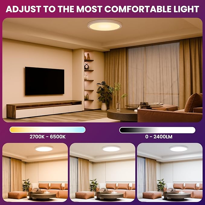 12 Inch Smart Ceiling Light, 2400LM RGBCW LED Flush Mount Ceiling Light Work with App & Voice Control, 2700K-6500K Dimmable LED Ceiling Light Fixture for Living Room Bedroom Gaming Room