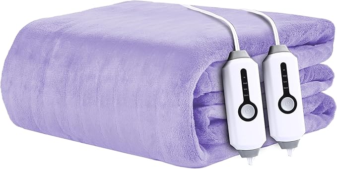 Electric Heated Blanket 84"x90" Queen Size - 4 Heat Settings & Dual Controllers, 10H Auto Shut Off, Ultra-Soft Coral Fleece Heated Blanket with Overheat Protection, Light Purple