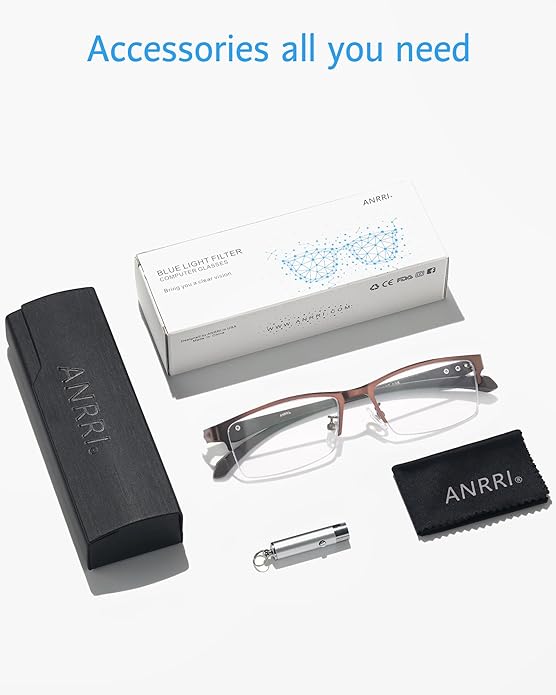 ANRRI Blue Light Glasses for Men Semi Rimless Rectangle Metal Frame UV Blocking Computer Glasses