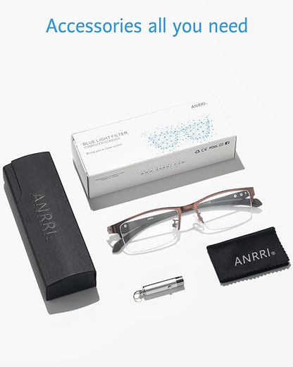 ANRRI Blue Light Glasses for Men Semi Rimless Rectangle Metal Frame UV Blocking Computer Glasses