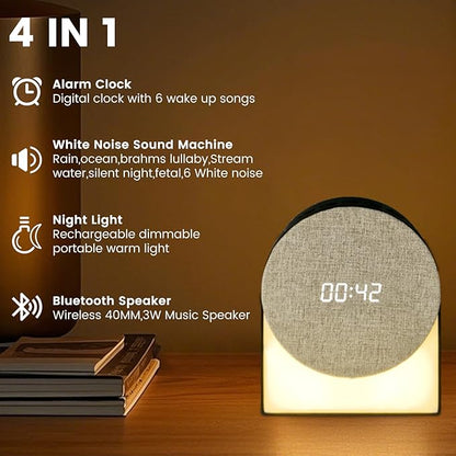 White Noise Machine Alarm Clock with Night Light, 4in1 Bluetooth Speaker & Natural Sounds – Portable Sleep Aid for Adults, Kids & Baby – Rechargeable, Timer, Dimmable Warm Light