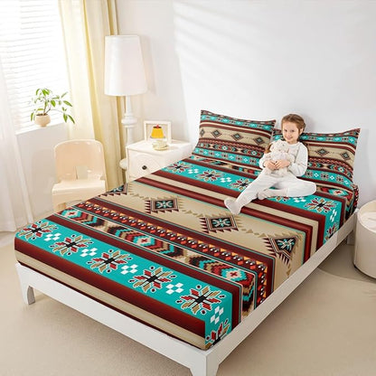 Manfei Aztec Geometric Bed Sheets King Size,Southwest Tribal Ethnic Boho Bedding Set, Rustic Farmhouse Bohemian Kids Room Decor,Teal Red Brown Sheet(Fitted+Flat+2 Pillowcases)