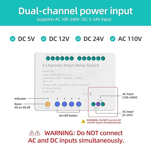 4 Channels Smart Relay Switch with Dry Contact, WiFi Bluetooth APP Control Module for Lights/Appliances, Voice Automation with Alexa & Google Home, 10A per Channel, AC110V/DC5V 12V 24V Compatible
