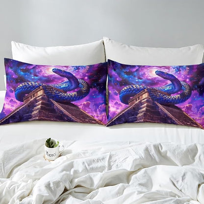 Snake Western Fitted Sheet Full Size,Starry Sky Galaxy Nebula Dreamy Bedding Set,Boys Girls Room Decor,Noble Reptile Animal Egypt Vintage Bed Cover,Purple Romantic Bed Sheet,2 Pillowcases
