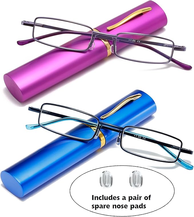 Blue Light Blocking Reading Glasses - Slim Pocket Readers with Pen Clip Case Mini Lightweight Readers