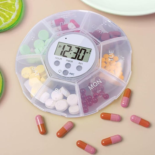 Smart Medication Organizer, Automatic Pill Dispenser, 7 Compartment Timer Box for Medicine Management, Portable Pill Storage, Elderly Care Tool, Hospital Travel Nursing Home Reminder Device