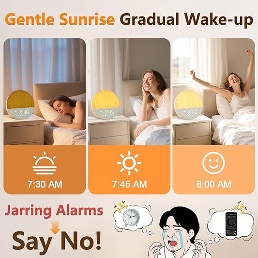 Sunrise Alarm Clock for Morning Wake-Up: White Noise Machine with 30 Soothing Sounds 9 Colors Light for Bedroom - Gentle Gradual Wake Up Light for Heavy Sleepers Adjustable Brightness Volume - Beige