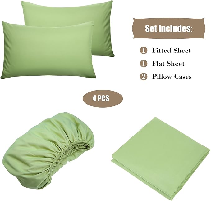 4 Piece Bed Sheet Set (Full,Sage) 1 Flat Sheet,1 Fitted Sheet and 2 Pillow Cases,Brushed Microfiber Luxury Bedding with Deep Pockets