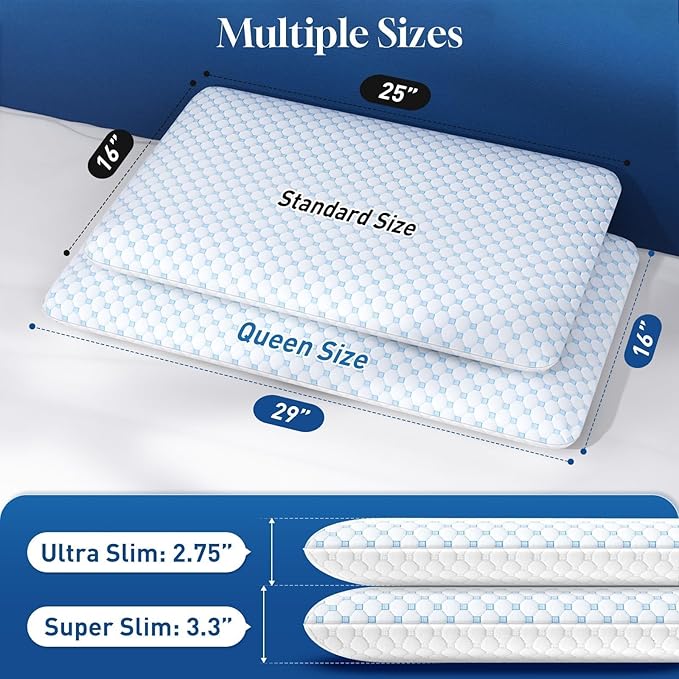 CloudBliss Ultra Slim 3.3” Pillows for Side | Back | Stomach Sleepers, Memory Foam Flat Pillow, Low Profile Sleeper Pillows with Double Sided Comfortable Breathable Pillow Cover, Standard