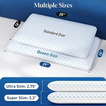 CloudBliss Ultra Slim 3.3” Pillows for Side | Back | Stomach Sleepers, Memory Foam Flat Pillow, Low Profile Sleeper Pillows with Double Sided Comfortable Breathable Pillow Cover, Standard