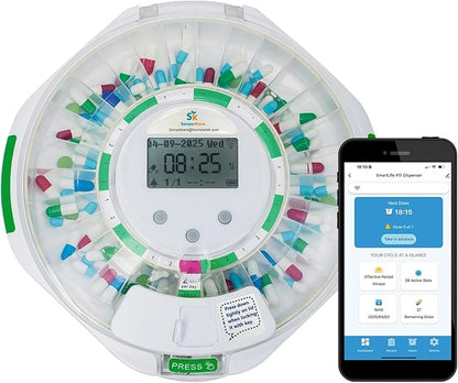 Smart WiFi Automatic Pill Dispenser w/Lock for Elderly, 28-Day Medication Organizer with Light/Sound & APP Alarm, up to 9 Alarms/Day, 9 Doses Per Day for Prescriptions & Vitamins, Clear Lid