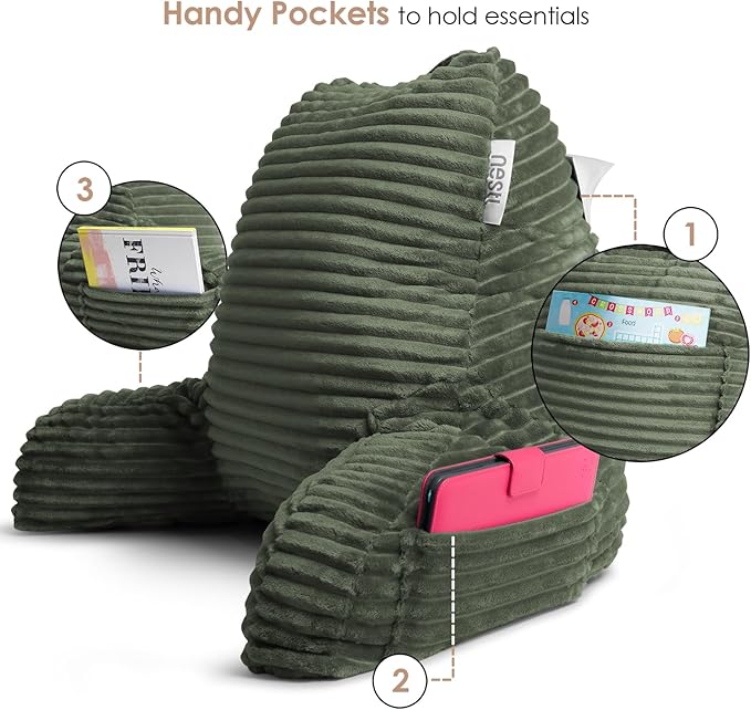 Nestl Reading Pillow with Shredded Memory Foam, Luxe Cut Plush Back Pillow for Sitting Up in Bed, Back and Arms Adjustable Support for Adult & Teens, Backrest Pillows with Washable Cover Olive Green