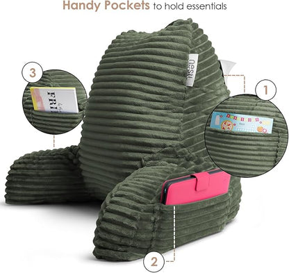 Nestl Reading Pillow with Shredded Memory Foam, Luxe Cut Plush Back Pillow for Sitting Up in Bed, Back and Arms Adjustable Support for Adult & Teens, Backrest Pillows with Washable Cover Olive Green