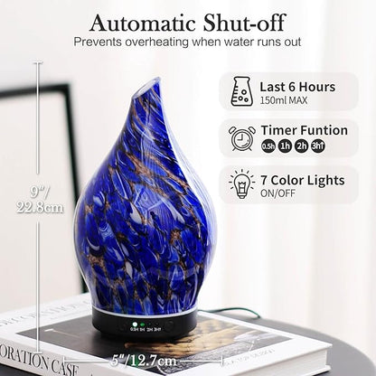 Porseme 150ml Essential Oil Diffuser Glass Color Changing Aroma Air Diffusers Aromatherapy Ultrasonic Cool Mist Humidifier 6 Running Hours Waterless Auto-Off for Sleeping Yoga Office Spa (Deep Blue)