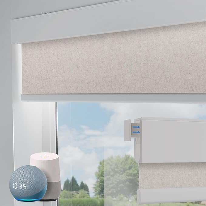 Motorized Blinds No Drill Automatic Blinds for Windows Cordless Roller Shades Electric Blinds with Remote Control Smart Blinds (Linen, 46 x 72)