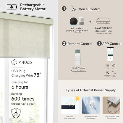 Motorized Light Filtering Roller Shades with Remote Control, Electric Smart Shades Compatible with Alexa and Google, Rechargeable, Customizable Size (Flax Beige White)