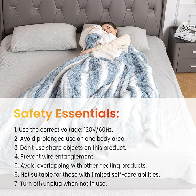 WOOMER Heated Blanket Full Size 77" x 84", Electric Blanket with a Control, 0.5-12 Hours Timer & 10 Heating Levels, ETL Certified, Blue White Flowers Patterns Faux Fur & Sherpa, Machine Washable