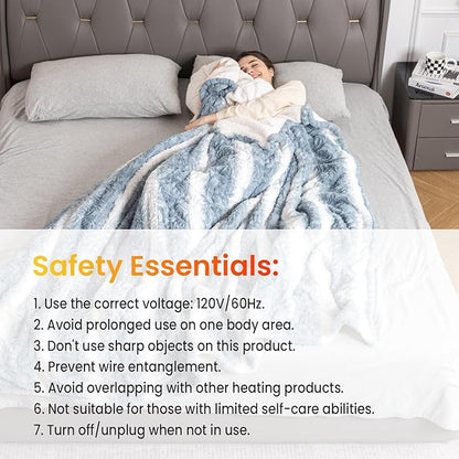 WOOMER Heated Blanket Full Size 77" x 84", Electric Blanket with a Control, 0.5-12 Hours Timer & 10 Heating Levels, ETL Certified, Blue White Flowers Patterns Faux Fur & Sherpa, Machine Washable