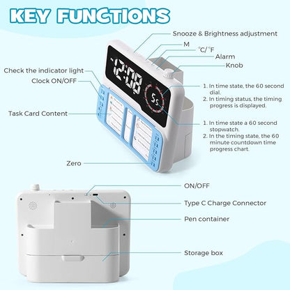7-in-1 Visual Timer for Kids & Adults with Task Planner – ADHD Time Management Tool with Alarm, Countdown, Calendar, Temperature Display & Storage – Ideal for Home, School (Blue)