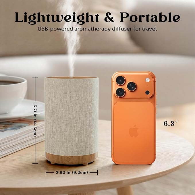 Essential Oil Diffuser with Fabric Cover, Small Portable Aroma Diffuser 120ml, Ultrasonic Aromatherapy Oil Diffuser with 8 Colors LED, Auto Shut-Off Function, Mini Humidifier for Bedroom Home