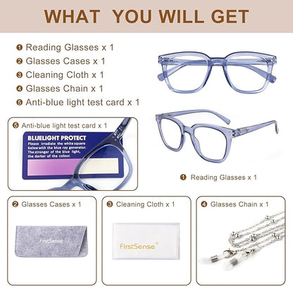 Reading Glasses for Men Women Blue Light Blocking with Spring Hinge, Blocking Readers Anti UV Ray Filter Eyeglasses, Square Computer Reader Glasses，Transparent Deep Blue，+2.5