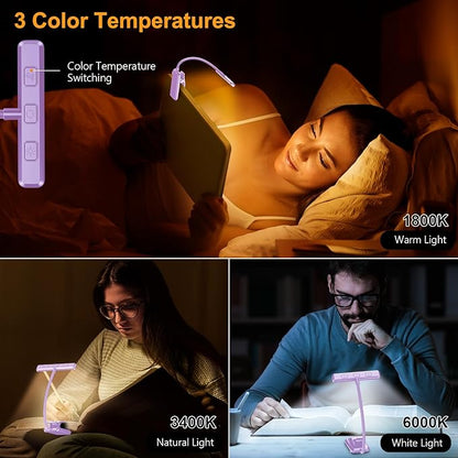 Gritin 19 LED Rechargeable Book Light for Reading in Bed with Memory Function- Eye Caring 3 Color Temperatures,Stepless Dimming Brightness,90 Hrs Runtime Clip on Light for Book Lovers-Purple