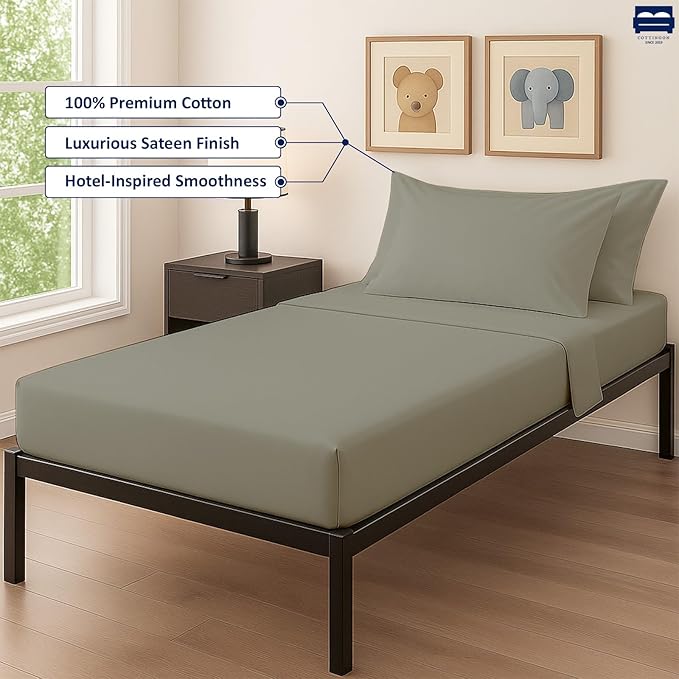 Cottingon 33"x75" Cot Sheet and Pillow Case 4 Piece Set, 100% Egyptain Cotton Soft Bedding Perfect for Rollaway, Folding, Guest Bed Frame, Fits Upto 7" Deep Mattress, Light Grey Solid