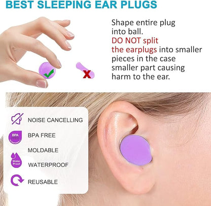 Reusable Silicone Ear Plugs, Waterproof Noise Cancelling EarPlugs for Sleeping, Mowing, Swimming, Airplanes, Concerts