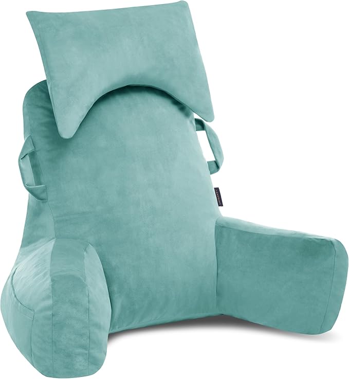 Portable Reading Pillows with Headrest for Bed Sitting Up(Lake Blue Oeko-Tex), Velvet Back Pillow with Arms & Pockets for Adults, Support Memory Foam Bed Pillow for Dorm/Watching/Gaming