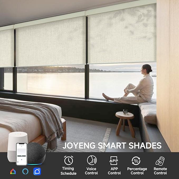 Motorized Light Filtering Roller Shades with Remote Control, Electric Smart Shades Compatible with Alexa and Google, Rechargeable, Customizable Size (Textured Beige)