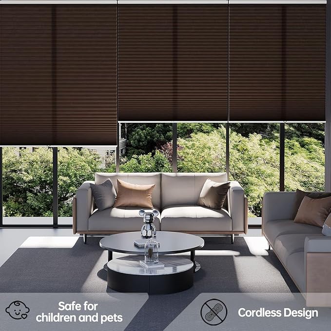 Cellular Shades Light Filtering Honeycomb Blinds for Indoor Windows, Cordless Cellular Shades 1.5 inch Cell Pleated for Bedroom Home Office, Custom Size, Half Shading Brown