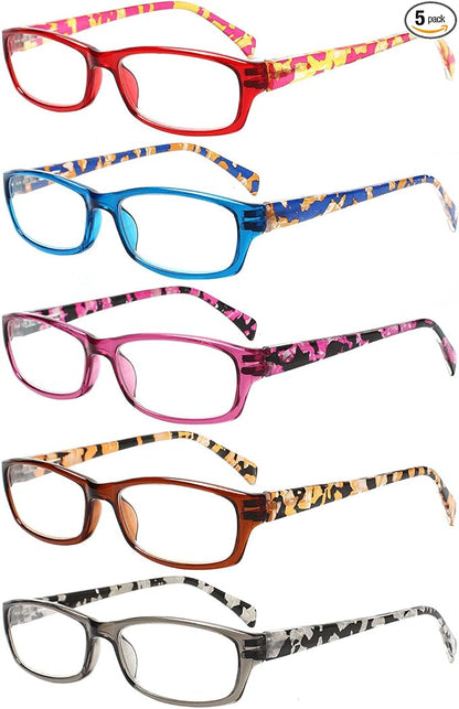 Kerecsen Reading Glasses 5 Pairs Fashion Ladies Readers Spring Hinge with Pattern Print Eyeglasses for Women (Multicolor -8, 2.75)