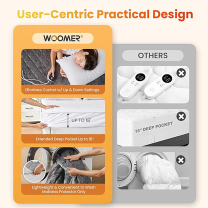 WOOMER Heated Mattress Pad Queen Dual Control - 60"x80" Electric Mattress Pad, 1-10 Heat Settings, 0.5-12H Auto Shut-Off, Removable Velvet Cover, 18" Deep Pocket, ETL Certified, Grey