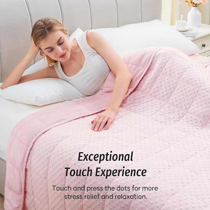 Wemore Minky Dot Weighted Blanket for Adults Twin Size 15 lbs, Soft Cozy Heavy Blanket for Stress Relief and Sleep Promotion, Breathable Blanket for All-Season with Glass Beads, Pink 48 x 72 inches