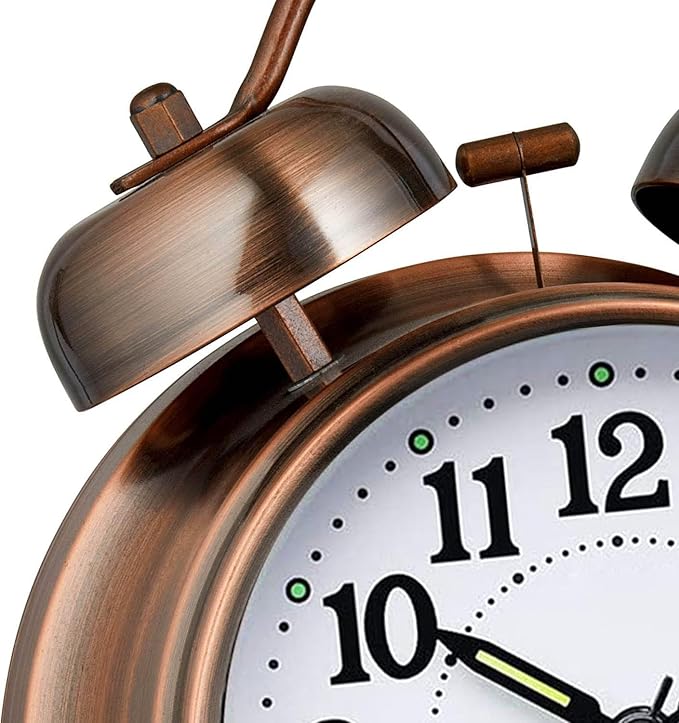 Loud Alarm Clock for Heavy Sleepers Adults, Metal 4 Inches Twin Bell Battery Operated Alarm Clocks for Bedrooms Decoration, Silent Non-Ticking, Back-to-School Gift (Red Brown)