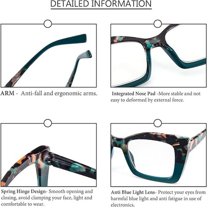 REAVEE Oversized Square Reading Glasses Oprah Style for Women, Blue Light Blocking Large Frame Computer Readers Spring Hinge