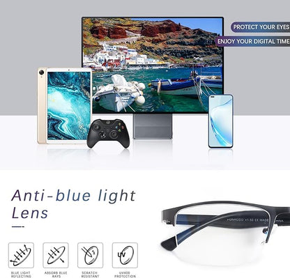 FONHCOO Reading Glasses for Women Men, Blue Light Blocking Reading Glasses Metal Half Frame Computer Readers Anti UV/Glare