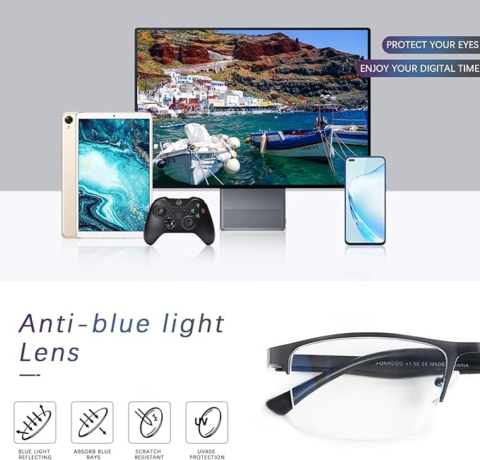 FONHCOO Reading Glasses for Women Men, Blue Light Blocking Reading Glasses Metal Half Frame Computer Readers Anti UV/Glare